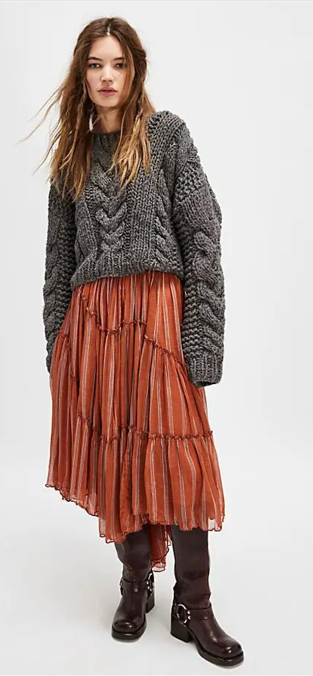 NEW FREE PEOPLE FP ONE TERRACOTTA STRIPE EMBER PRINTED MIDI SKIRT SZ XS